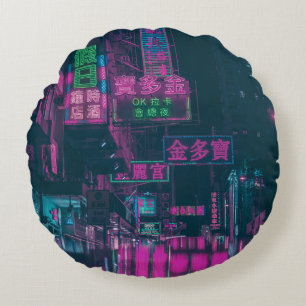ASSORTED NEON LIGHT SIGNAGE ON STREET DURING NIGHT ROUND CUSHION