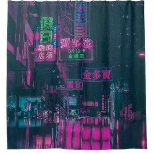 ASSORTED NEON LIGHT SIGNAGE ON STREET DURING NIGHT SHOWER CURTAIN