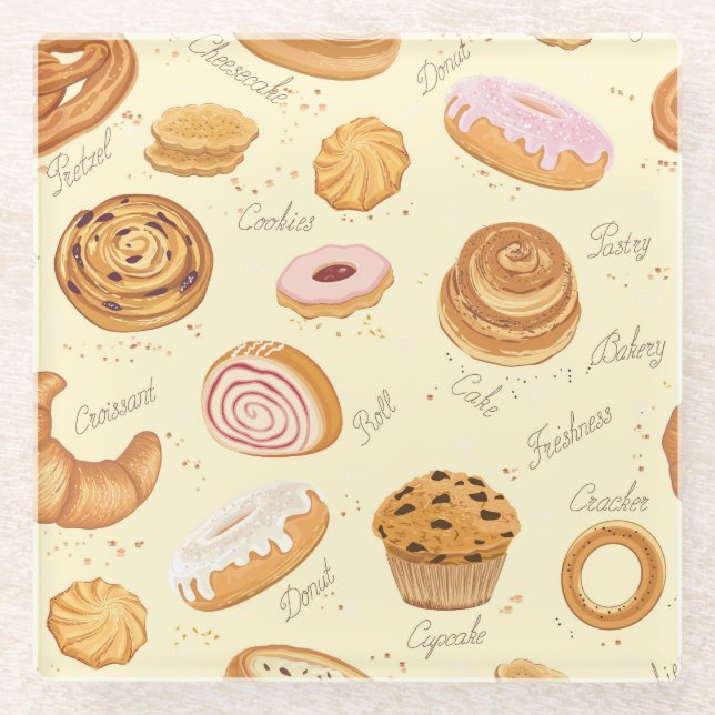 Assorted Pastries: Tasty Seamless Pattern. Glass Coaster (Front)