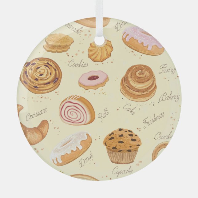 Assorted Pastries: Tasty Seamless Pattern. Glass Tree Decoration (Front)