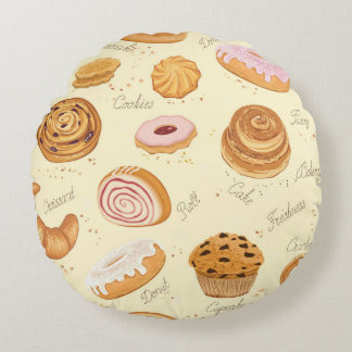Assorted Pastries: Tasty Seamless Pattern. Round Cushion