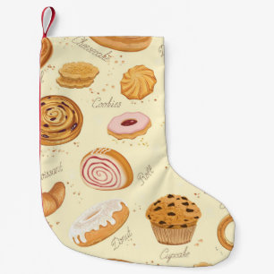 Assorted Pastries: Tasty Seamless Pattern. Small Christmas Stocking