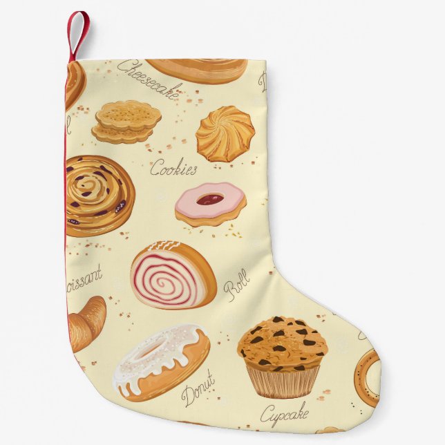 Assorted Pastries: Tasty Seamless Pattern. Small Christmas Stocking (Front)
