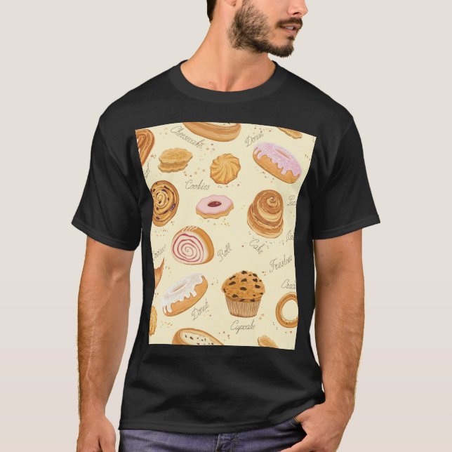 Assorted Pastries: Tasty Seamless Pattern. T-Shirt (Front)