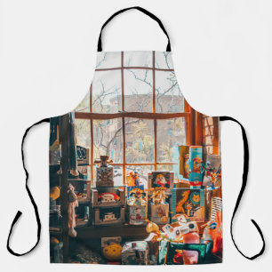 ASSORTED PLUSH TOYS ON BROWN WOODEN SHELF APRON