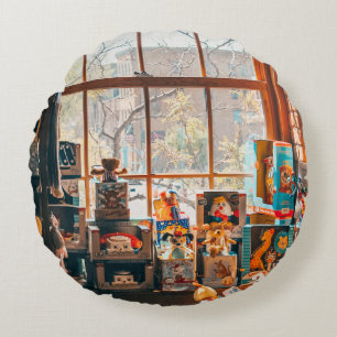 ASSORTED PLUSH TOYS ON BROWN WOODEN SHELF ROUND CUSHION