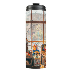 ASSORTED PLUSH TOYS ON BROWN WOODEN SHELF THERMAL TUMBLER