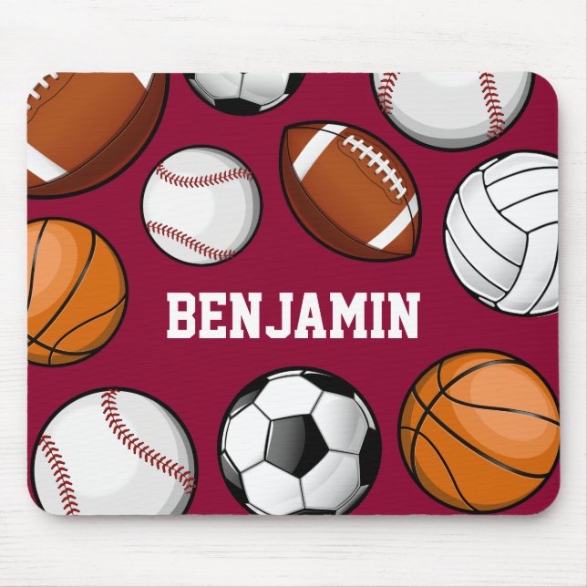 Assorted Sports Custom Name Red Mouse Mat (Front)