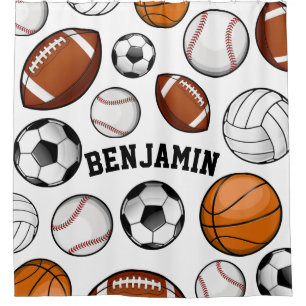 Assorted Sports Personalised Name White Shower Curtain