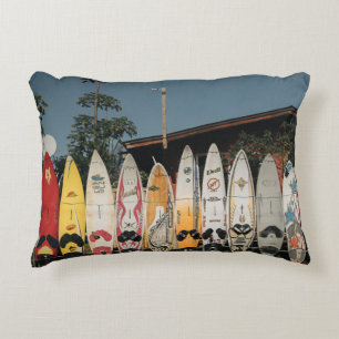 Assorted surfing boards stands on open field in th decorative cushion