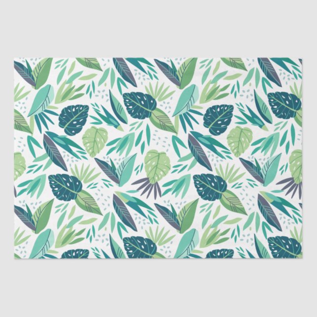 Assorted Tropical Green Leafs Pattern On White Tissue Paper (Front)