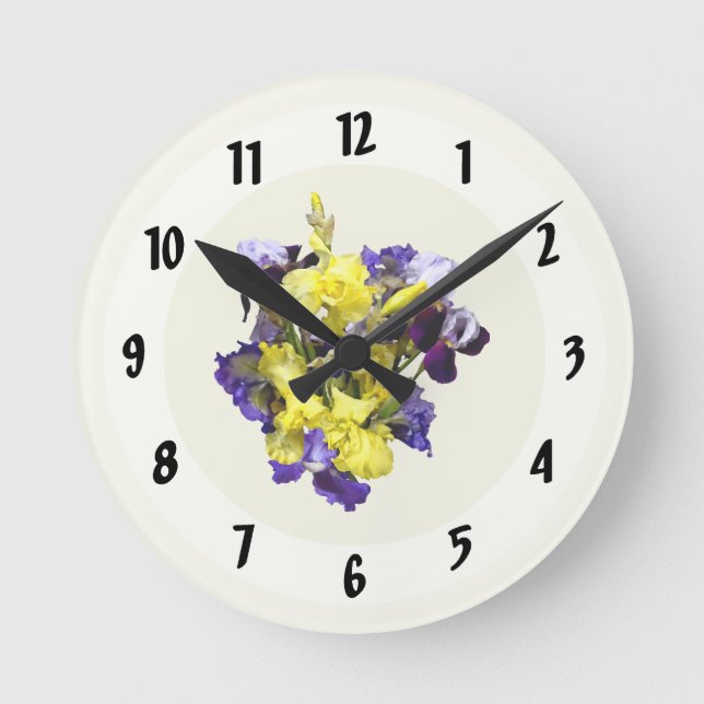 Assortment of Irises Yellow and Purple Round Clock (Front)