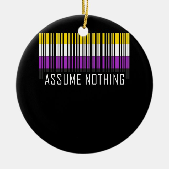 Assume Nothing Nonbinary  Flag  Barcode Enby Ceramic Tree Decoration (Front)