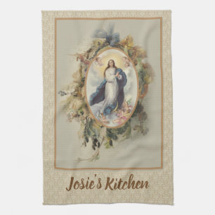 Assumption Blessed Virgin Mary Floral Tea Towel
