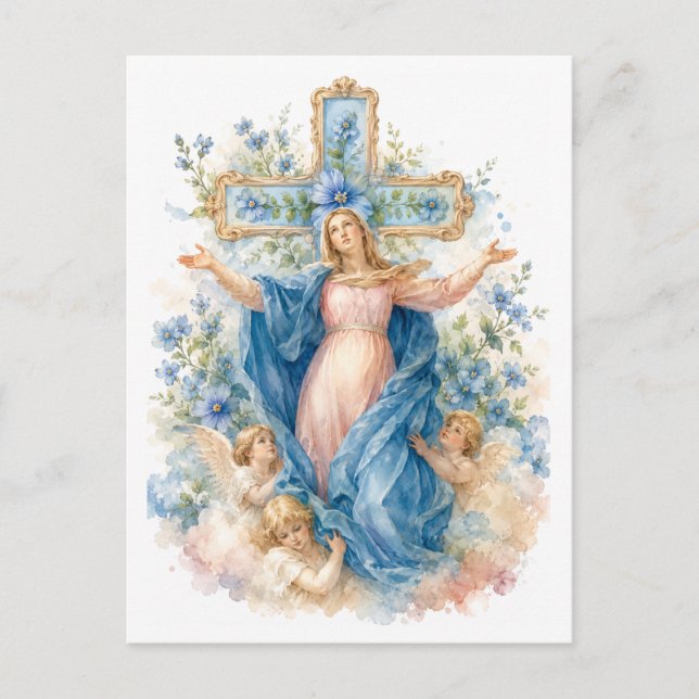 Assumption of Mary Blue Floral Catholic Note Postcard (Front)