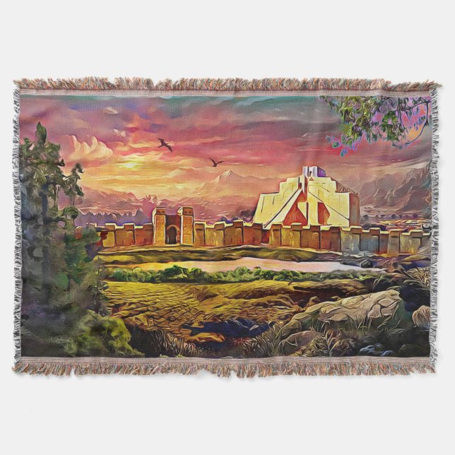 Assyrian ziggurat Cotton Throw Blanket (Front)
