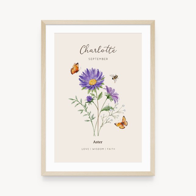 Aster Birth Month Flower Poster (Example of aster birth flower poster once framed. )