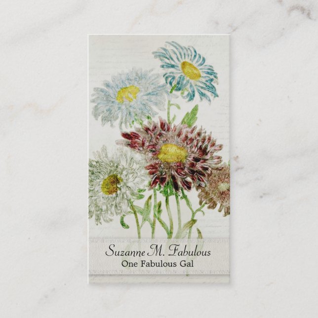 Aster Chinensis Flower Bouquet Vintage Script Business Card (Front)