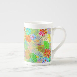 ASTER & CONE FLOWERS & TROPICAL LEAVES WATERCOLOR BONE CHINA MUG