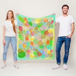 ASTER & CONE FLOWERS & TROPICAL LEAVES WATERCOLOR  FLEECE BLANKET
