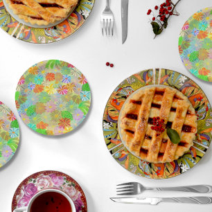 Aster & Cone flowers & tropical leaves watercolor  Paper Plate