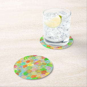 Aster & Cone flowers & tropical leaves watercolor  Round Paper Coaster