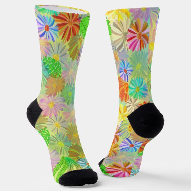 ASTER & CONE FLOWERS & TROPICAL LEAVES WATERCOLOR SOCKS (Angled)