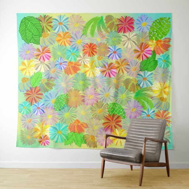 ASTER & CONE FLOWERS & TROPICAL LEAVES WATERCOLOR TAPESTRY (In Situ (Horizontal))