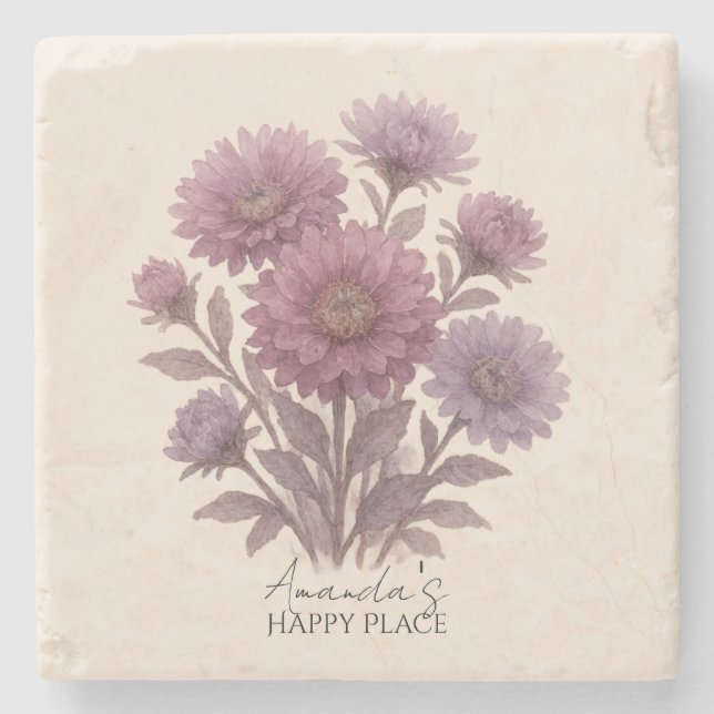 Aster Flower Coasters, Personalised Floral  Stone Coaster (Front)