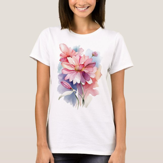 Aster Flower Watercolor Illustration T-Shirt (Front)