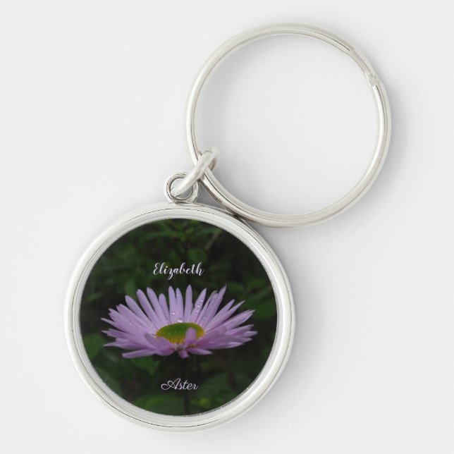 Aster Flower with Raindrops Personalised Photo Key Ring (Front)