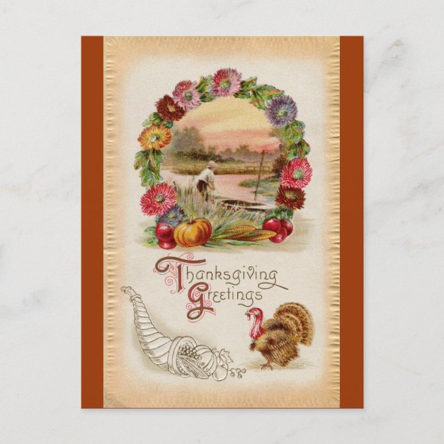 Asters, Cornucopia & Turkey Thanksgiving Holiday Postcard (Front)