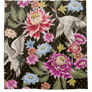 Asters Cranes: Painted Seamless Japanese Style Shower Curtain