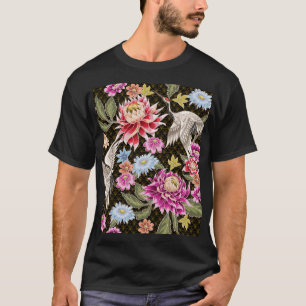 Asters Cranes: Painted Seamless Japanese Style T-Shirt