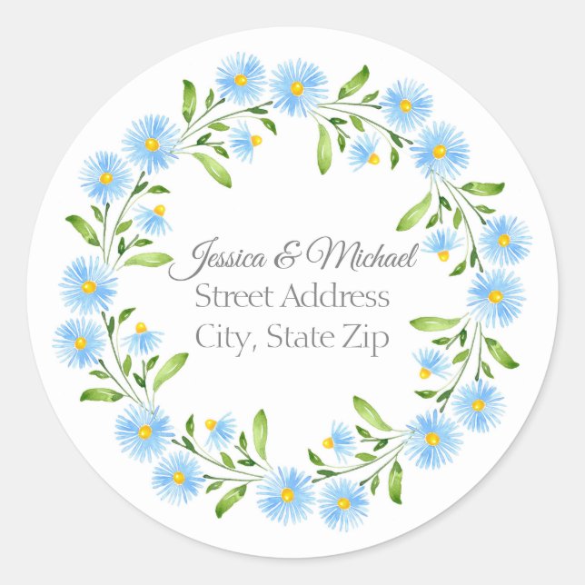  Asters Watercolor Floral Wreath Labels (Front)