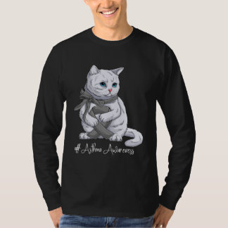 Asthma Awareness Month Gray Ribbon Cat T-Shirt