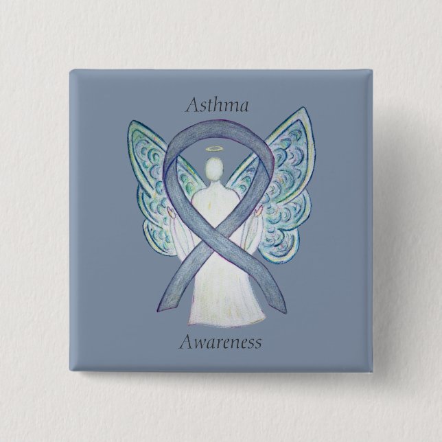Asthma Awareness Ribbon Angel Customised Art Pin (Front)