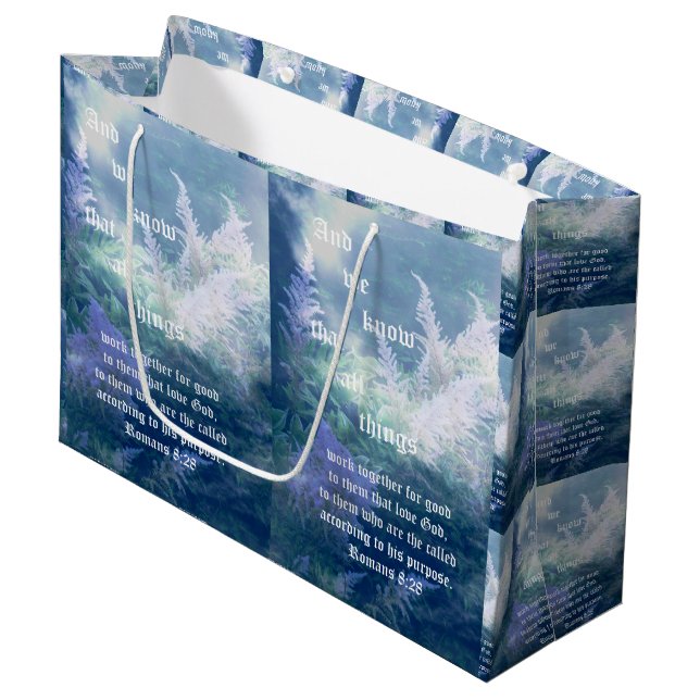 Astilbe Blue Mist Romans 8:28 Large Gift Bag (Front Angled)