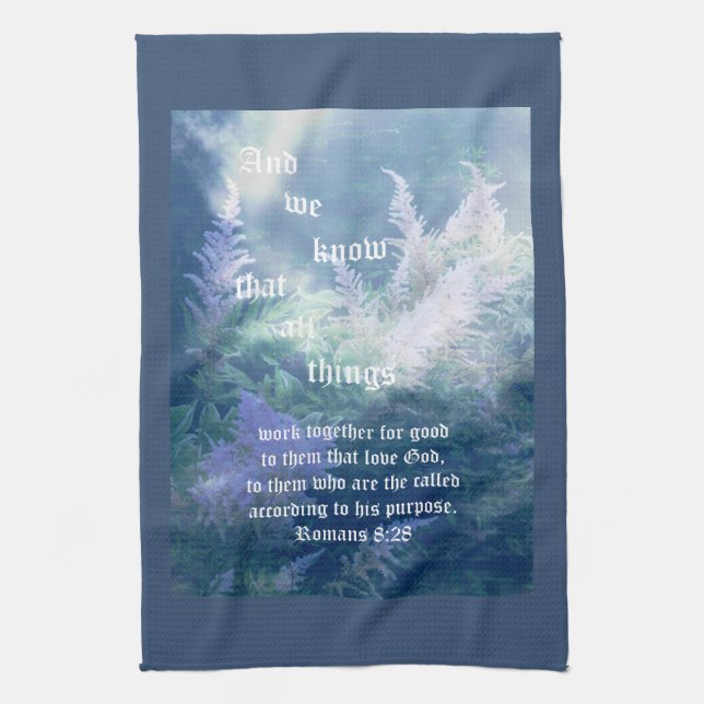 Astilbe Blue Mist Romans 8:28 Tea Towel (Vertical)