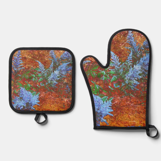 Astilbe Dusty Blue on Board Oven Mitt & Pot Holder Set (Front)