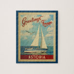Astoria Sailboat Vintage Travel Oregon Jigsaw Puzzle<br><div class="desc">This Greetings From Astoria Oregon vintage travel nautical design features a boat sailing on the water with seagulls and a blue sky filled with gorgeous puffy white clouds.</div>