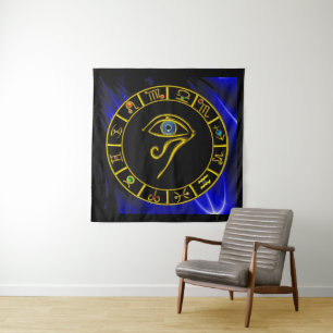 ASTRAL HORUS EYE ,BLUE TALISMAN GOLD ZODIAC CHART TAPESTRY