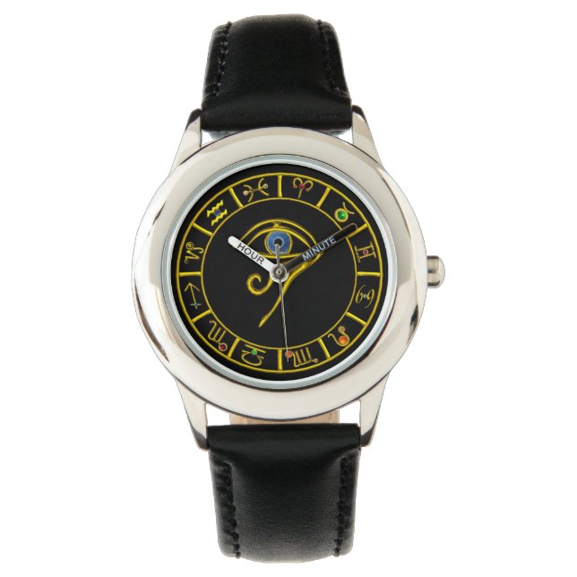 ASTRAL HORUS EYE,BLUE TALISMAN GOLD ZODIACAL SIGNS WATCH (Front)