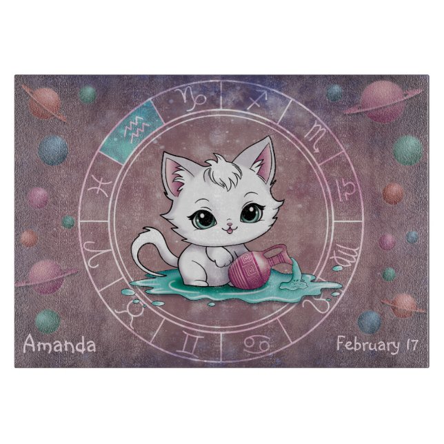 Astrological Aquarius Cute cat Zodiac Wheel Planet Cutting Board (Front)