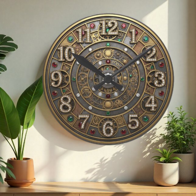 Astrological clock, Steampunk, Industrial, Gems Round Clock (Industrial Steampunk Mechanical Jeweled Clock)