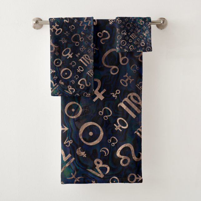 Astrological symbols glyphs Gold on Abalone Bath Towel Set (Insitu)