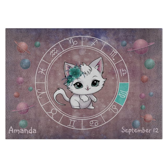 Astrological Virgo Cute cat Zodiac Wheel Planet Cutting Board (Front)