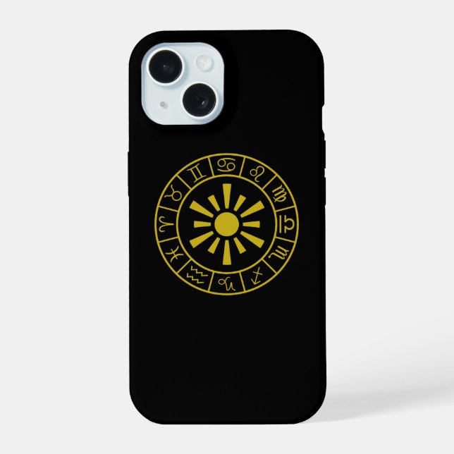 Astrological Zodiac Symbols Wheel+Sun Gold iPhone 15 Case (Back)
