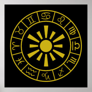 Astrological Zodiac Symbols Wheel+Sun Gold Poster