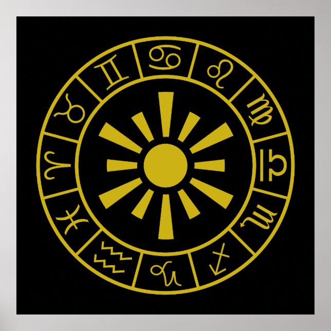 Astrological Zodiac Symbols Wheel+Sun Gold Poster (Front)